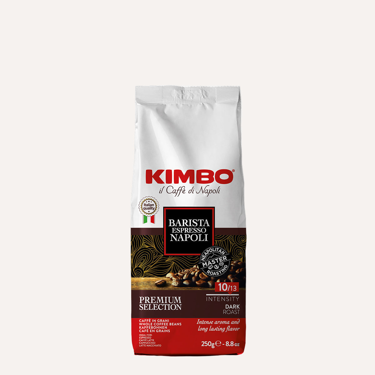 Kimbo Napoletano 250g in weißer Verpackung mit buntem Kaffeeaufdruck