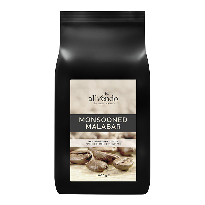 Allvendo Monsooned Malabar 1000g in schwarzer Verpackung mit hellem Etikett